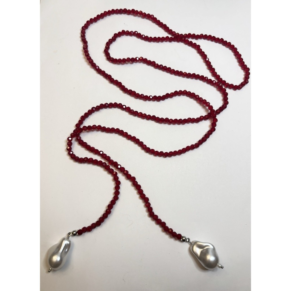 Natural Faceted Garnet Cultured Baroque Pearl 46" Long Lariat Necklace